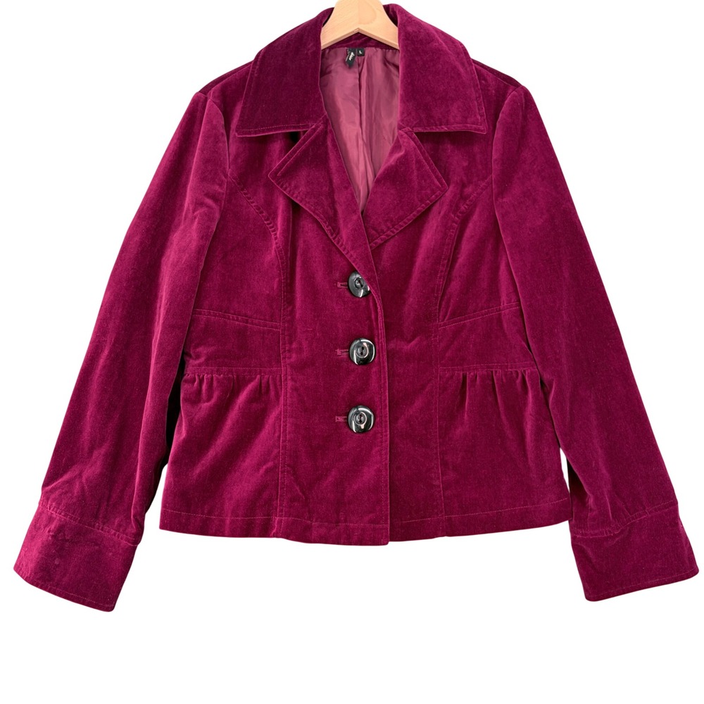 Ambition Womens Burgundy Velvet Button Up Blazer Jacket Red Large RN107829